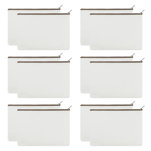 Aspire 12-Pack Canvas Bag with Lining, White Pouch Brown Zipper, 6-3/4" x 4-3/4" DIY Craft Bag, Christmas Gift Bag
