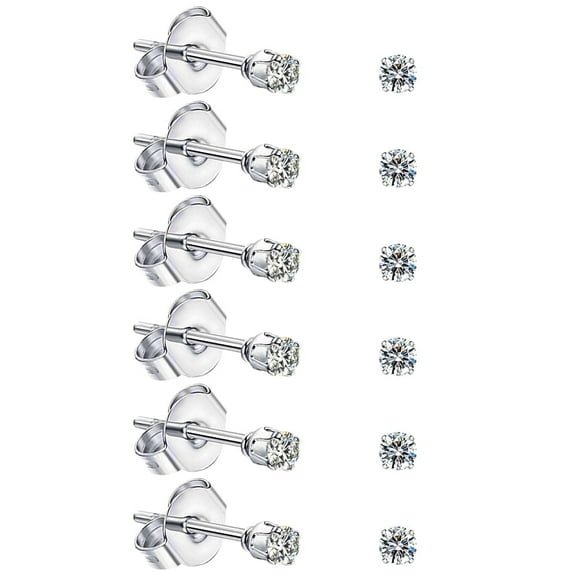 6 Pairs Tiny Womens Surgical Stainless Steel Earrings Set Clear Cubic Zirconia Hypoallergenic Stud Earrings 2 mm