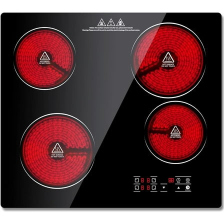 24 inch Electric Cooktop, Built-in Ceramic Cooktop Hob 4 Burners with 9 Heating Level, 6000W, 220-240V, Hard Wire (No Plug)