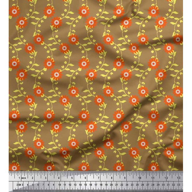 Soimoi Crepe Silk Fabric Leaves & Floral Artistic Printed Craft Fabric by The Yard 42 Inch Wide
