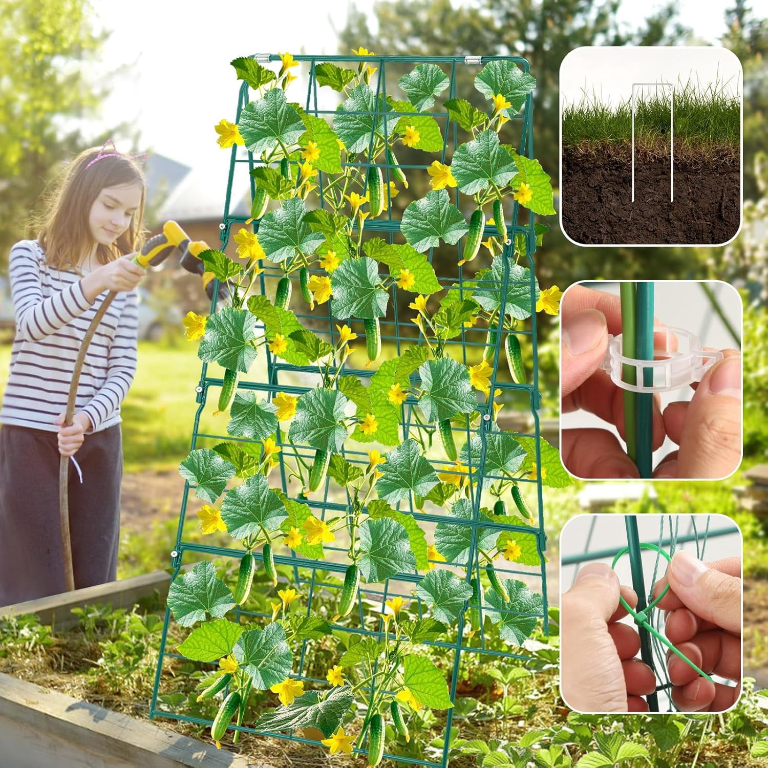 17 x 42 Inch Garden Trellis for Raised Beds Foldable Climbing Plant Support Cucumber Trellis Outdoor A-Frame Metal Vegetable Trellis with Garden Supplies for Grape Tomato Peas Flower