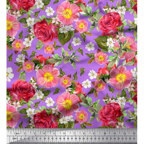 Soimoi Cotton Jersey Fabric Leaves,Clematis & Rose Floral Fabric Prints By Yard 58 Inch Wide