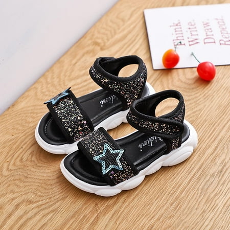 

Girls Sandals Open Toe Cute Flats Dress Sandals Toddler Baby Infant Girls Sandals Star Sequin Children Beach Soft Shoes Slippers Black 3-4 Years