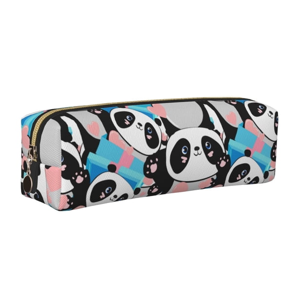 Balery Panda Cute Pink Hearts Estuche de Lápices de Cuero Impreso, Estuche para Suministros de Arte, Estuche de Lápices con Cremallera, Estuche de Almacenamiento de Papelería