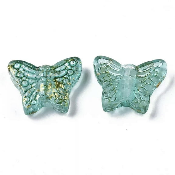 U8MO 20 Glass Butterfly Beads 16mm Green Gold Foil Supplies Glitter Jewelry Making