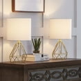 thumbnail image 2 of Yullili 19" Modern Hollow Out Base Bedroom Table Lamp Set of 2, Gold Bedside Nightstand Lamp with Geometric Metal Base White Fabric Shade,Cute Desk Lamp for Kids Living Room, 2 of 6
