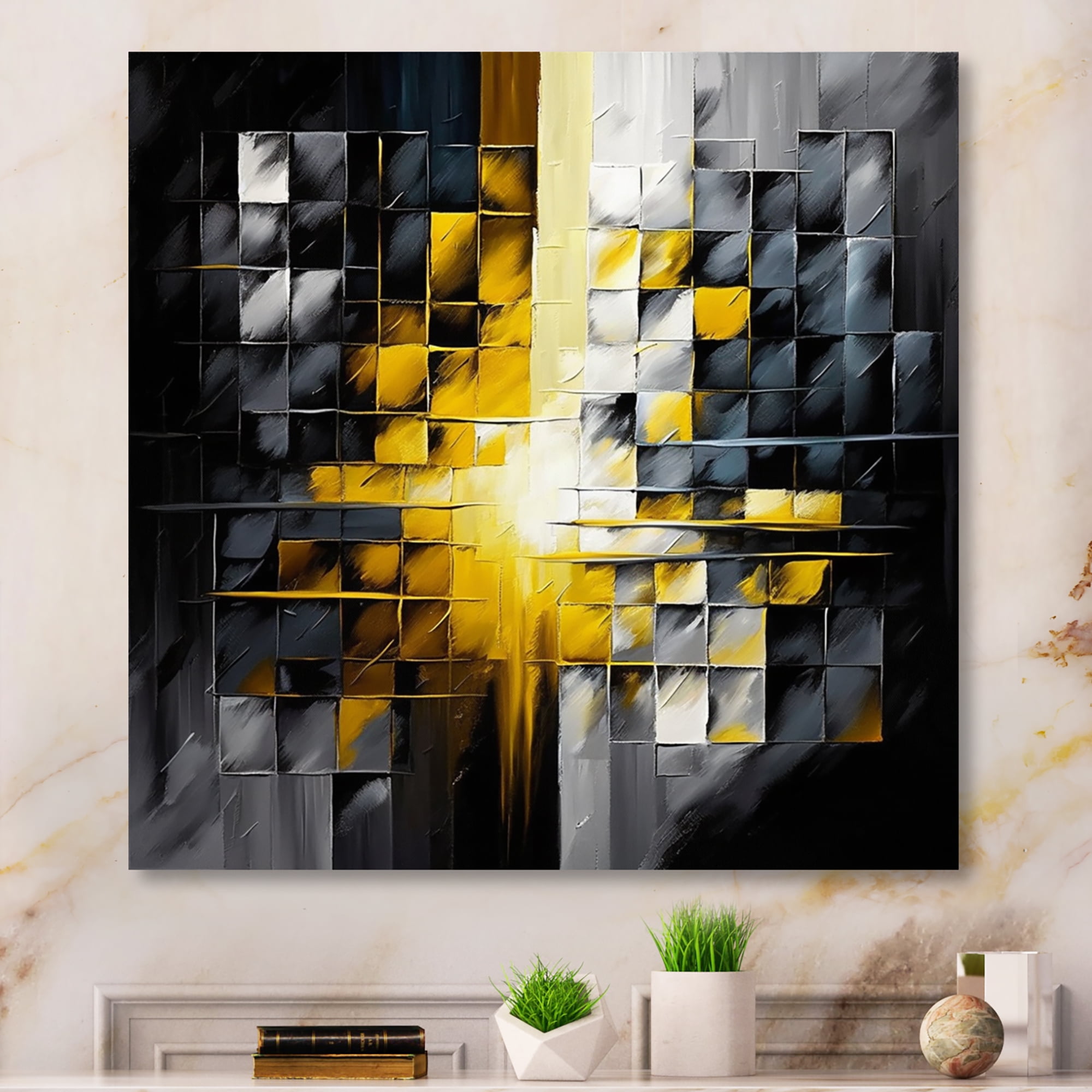Designart Abstract Geometric Black And Yellow IV Canvas Wall Art
