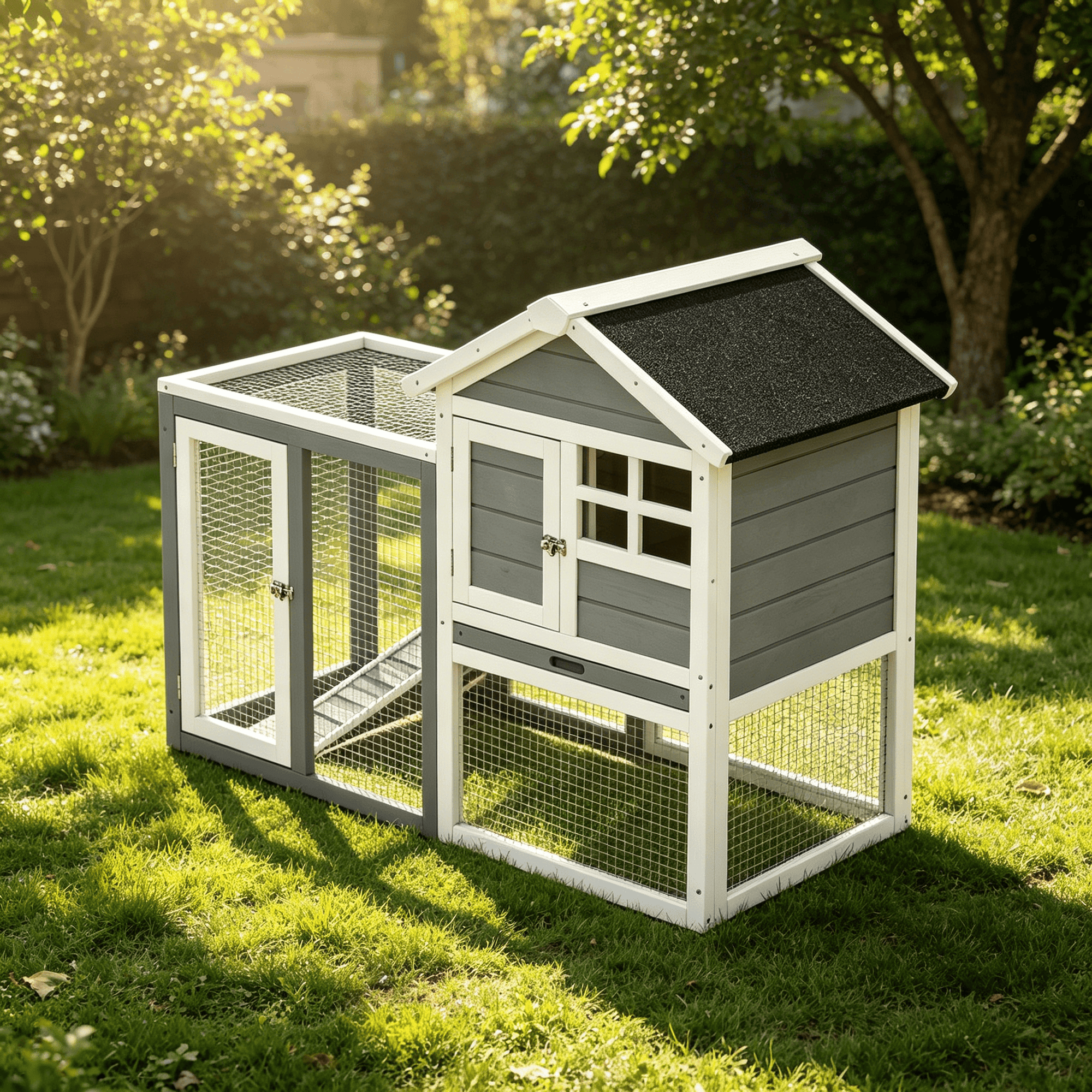 JERFIT Large Outdoor Rabbit Hutch with Run, Weatherproof Wooden Bunny Cage for Small Animals, Grey and White