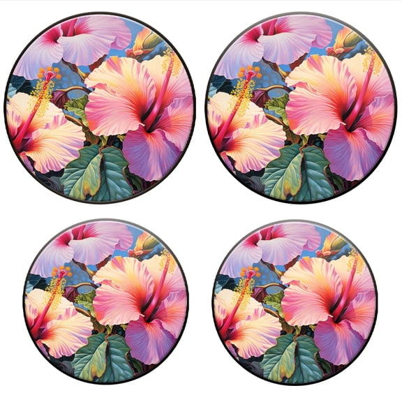 BaHomeck Electric Stove Burner Covers Set of 4,Round Metal Gas Stove Burner Covers 8 Inch and 10 Inch,Kitchen Decor,Pink And Orange Hibiscus Flowers With Rich Colors