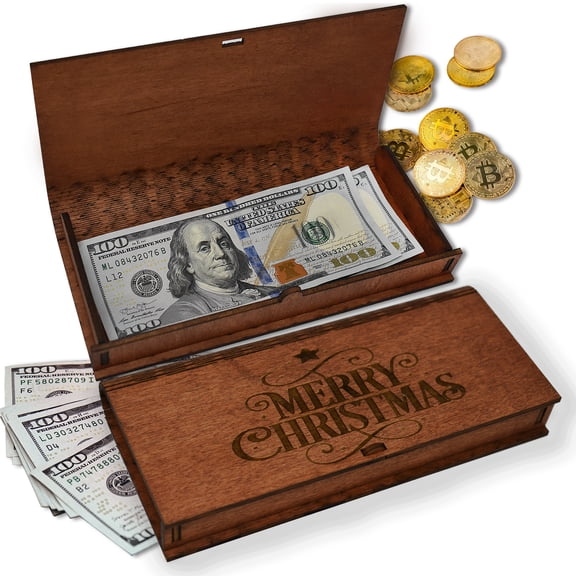 Merry Christmas Money Gift Box for Cash, Wooden Gift Box Small with Hinged Lid