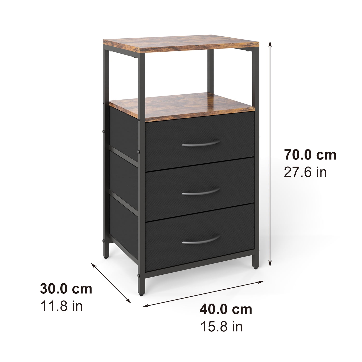 LENLN ‌Nightstand,Side Table with 3 Fabric Drawers End Table with Open Shelf,Bedside Table Night Stand for Bedroom ,Closet, Dorm, Rustic Brown and Black