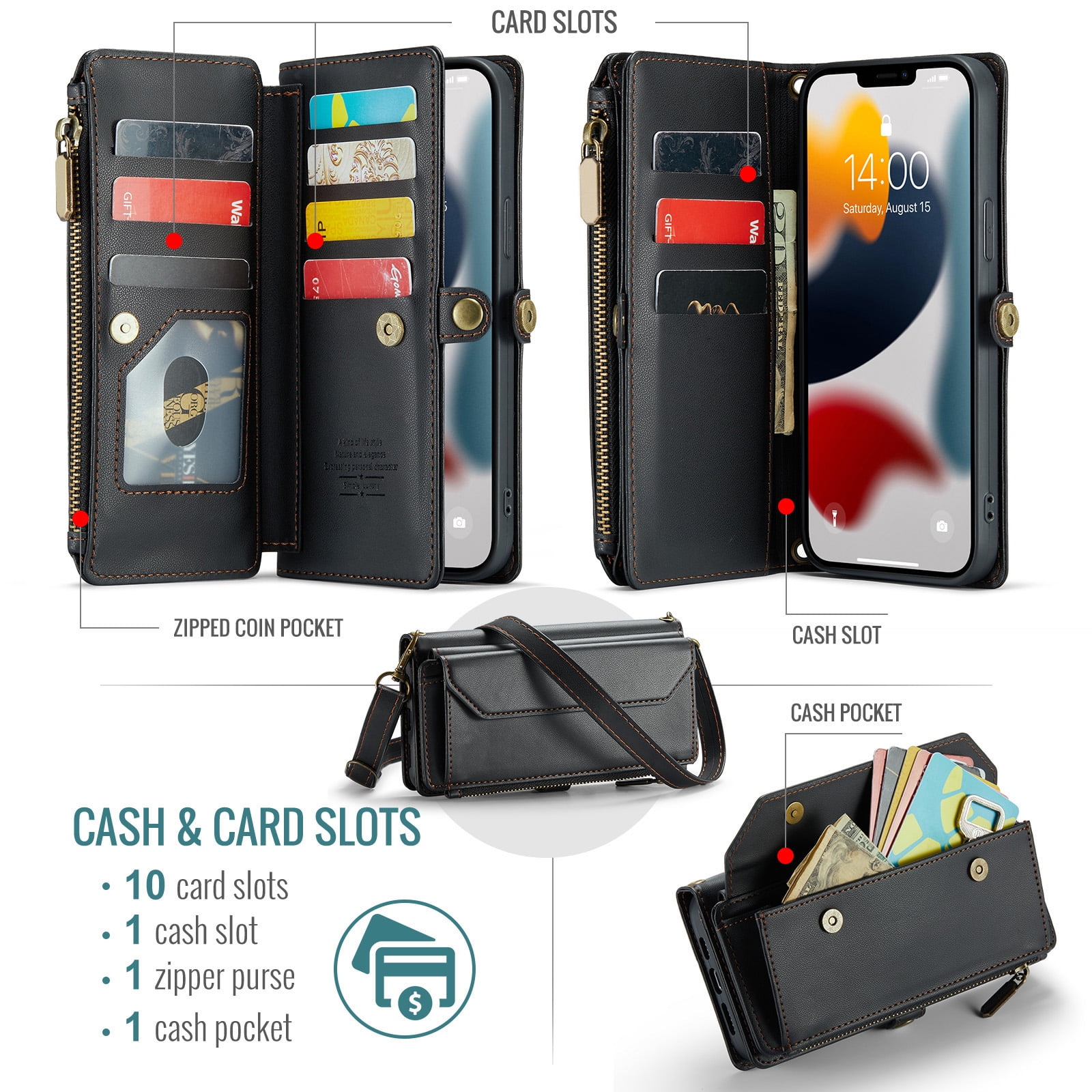 Compatible with iPhone 15 Pro Max 6.7 inch Zipper Wallet Phone Case Tempered Glass Screen Protector Crossbody Lanyard Strap Flip Card Holder Slot Cell Cover for i Phone15 15Pro i15 ProMax Women Black
