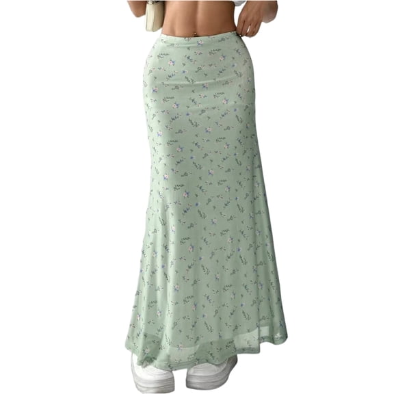Womens Floral Chiffon Maxi Skirt 2026 Summer High Waisted Flared Elegant Long Skirts for Women