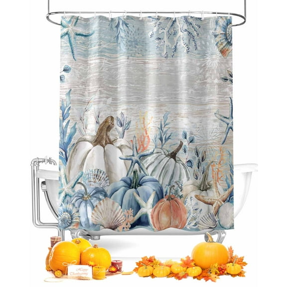 Coastal Shower Curtain Set ，Waterproof Fabric Shower Curtains Thanksgiving Pumpkin Starfish Shells Blue Wood Grain Shower Curtains for Bathroom,Bathroom Decor 36"x78"