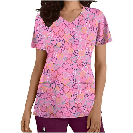 

RQYYD Womans Holiday Scrub Tops Valentine Nurse Stretch Scrub Undershirt Print Cute Nursing Love Heart Patterned Scrub Uniforms(3#Pink XL)