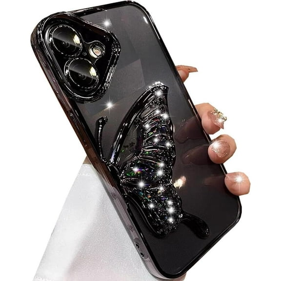 for iPhone 16 Glitter 3D Butterfly Case,Cute Luxury Bling Sparkle Liquid Flowing Case with Camera Lens Protector TPU Plating Bumper Clear Shockproof Women Girls Case for iPhone 16 6.1", Black