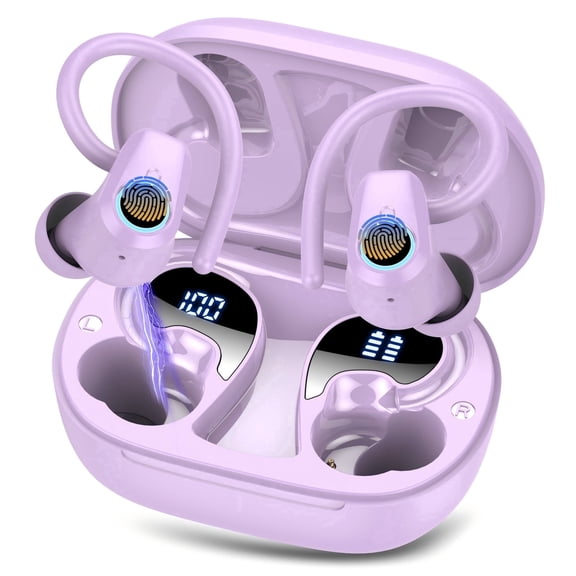 Wireless Earbuds, Bluetooth 5.4 Headphones Sport with 4 ENC Noise Cancelling Mic, 3D HIFI Stereo, 50H LED Display, Earhooks, USB-C, IP7 Waterproof Bluetooth Earbuds for Running Gym Workout, Purple