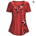thumbnail image 1 of Camiseta estampada Mujer Verano Cuello redondo Blusa de manga corta Top suelto, Rojo, S Yuarrent AP001352-11, 1 of 7