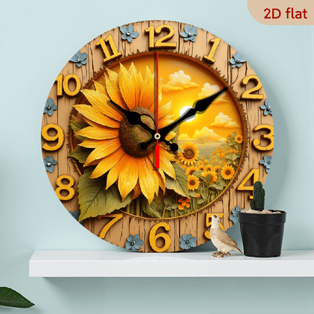 2D Flat 1pc 10Inch Wooden Retro Sunflower Wall Clock - Vibrant 2D Flat Design with Quartz Movement, Silent Clock Face, Wooden Frame - Perfect for Living Room, Kitchen, Dorm Decor