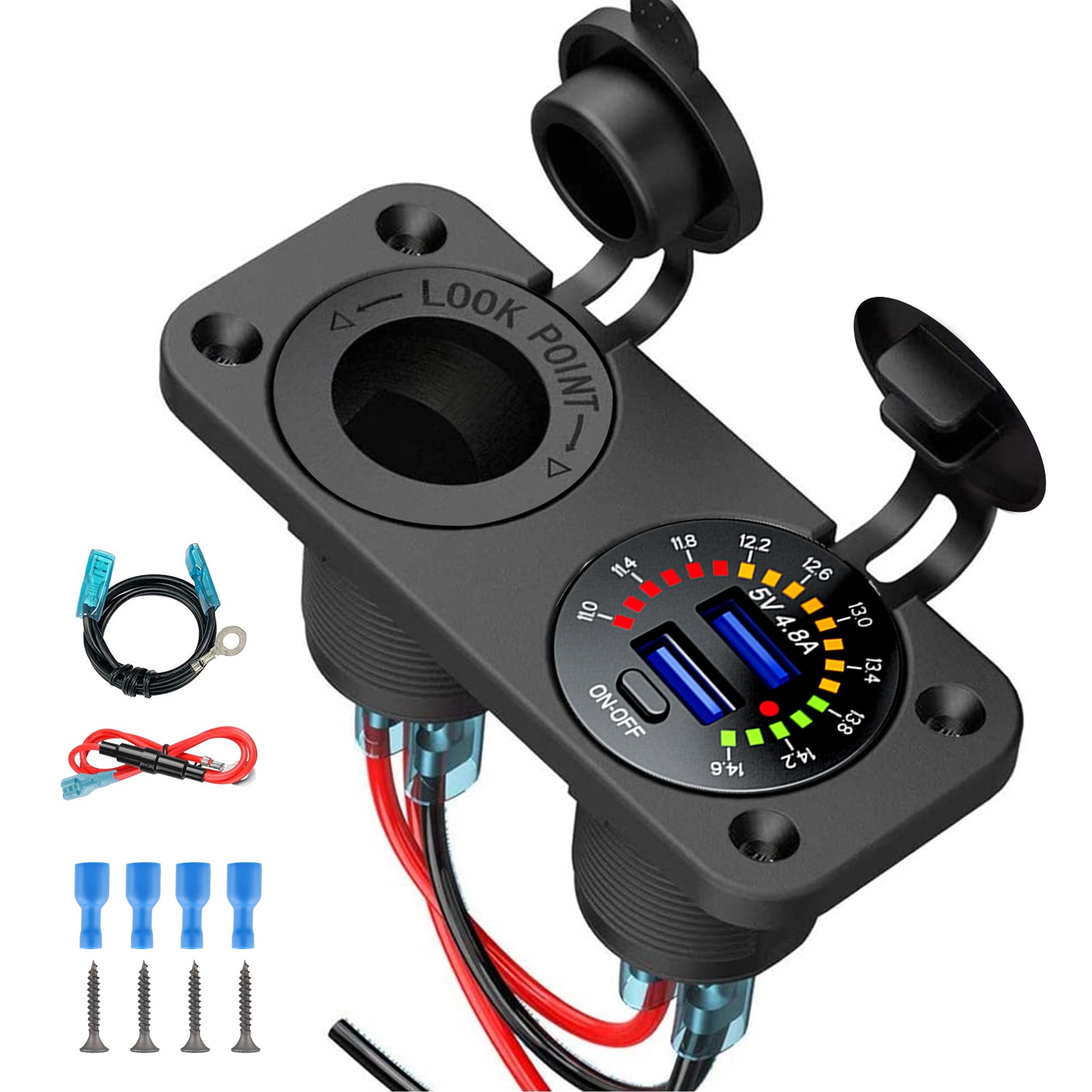 Sampow IP66 Waterproof Dual USB QC3.0 Fast Charging Socket Power Outlet with LED Digital Voltmeter and 20A Wire Fuse kit for 12V-24V Car Boat Marine Rv Motorcycle Quick Charge 3.0 USB Charger Socket