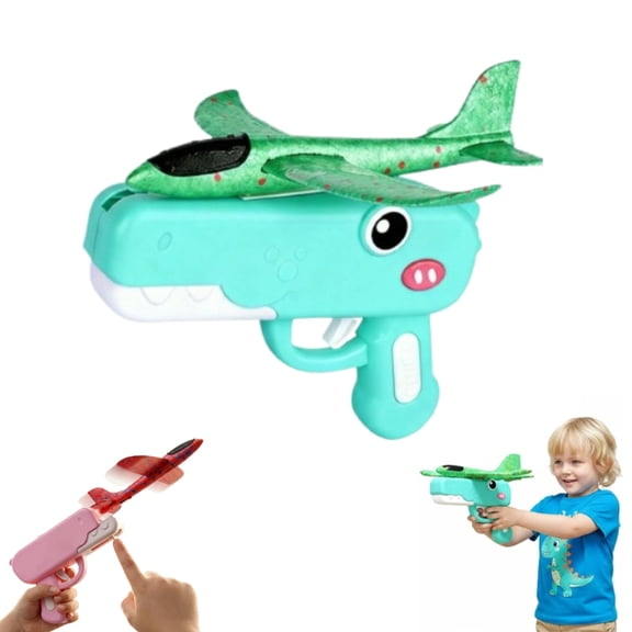 Cute Dinosaur Airplane Launcher Toy Foam Glider Planes Outdoor Flying Catapult Gun Aircraft Toy Lightweight Easy Launch Long Distance Play Gift for Birthday Fun Soft Foam Airplanes(Green)