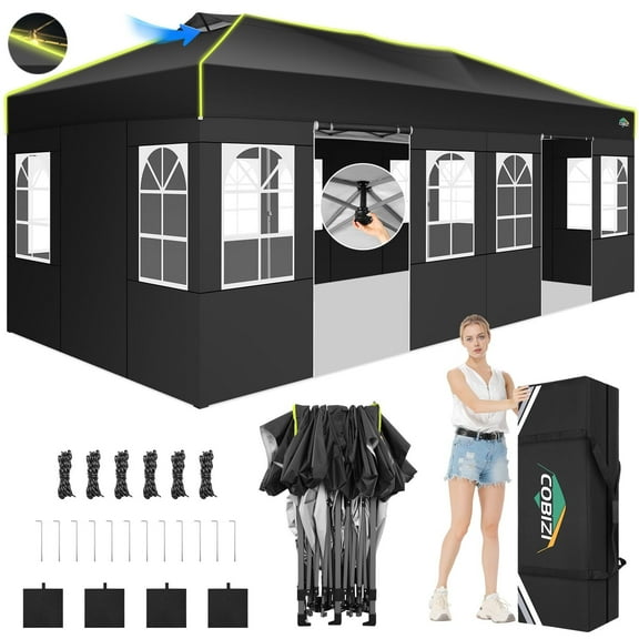 COBIZI 10x20 Pop Up Canopy Tent, Outdoor Party Tent With 6 Sidewall One Push Setup Glow, 3 Adjustable Height Air Vent Waterproof UPF50 , Bag, 4 Sandbag, 6 Stake, 12 Rope for Beach, Commercial