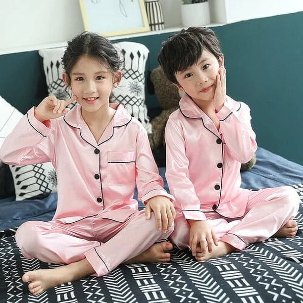 Pijamas de Navidad para bebé, Otoño Invierno, conjunto de ropa de dormir de seda de manga larga, ropa de dormir cómoda de Color sólido para niña y niño