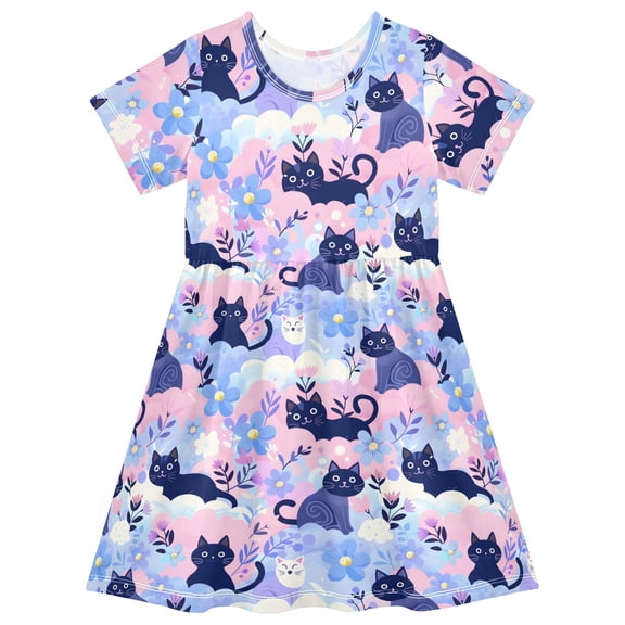 joogoo Cats Flowers Girls' Short Sleeve Dress Kids Dresses 5-6T