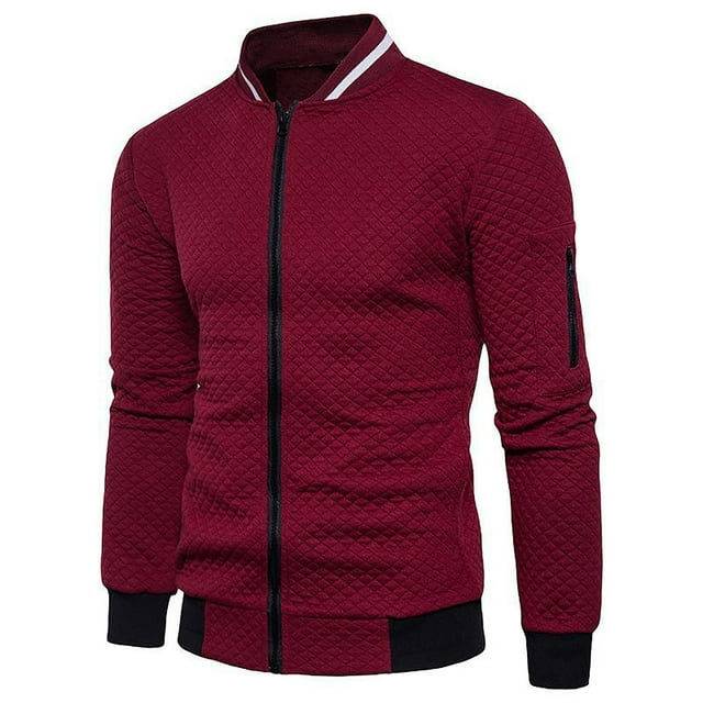 Liyamei Men's Fall/winter Stand-up Collar Solid Color Plaid Zipper Sweater Baseball Uniform Sports Suit