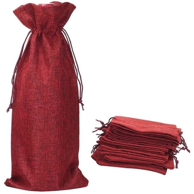 10 bolsas de yute para vino, 14 x 6 1/4 pulgadas, bolsas de regalo para botellas de vino de arpillera con cordón (5 colores)