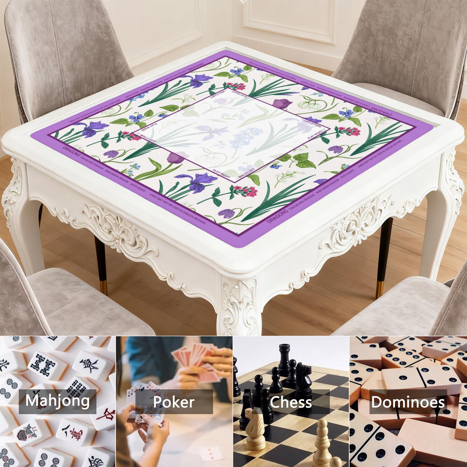 Floral Mahjong Mat with Rules, 31.5*31.5in Anti Slip American Mahjong Mat for Table, Noise Reduction, Neoprene Mah jongg Mats with Carrying Bag & 3 Dices, Mahjong Set Gift, Board Tile Games Mats