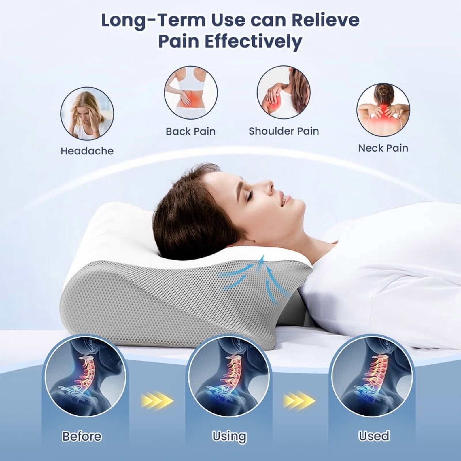JUSTLET Cervical Neck Memory Foam Pillow for Neck and Shoulder Pain Relief, Orthopedic Contour Support Pillow with Cooling Pillowcase for Side, Back, Stomach Sleepers, White+Grey