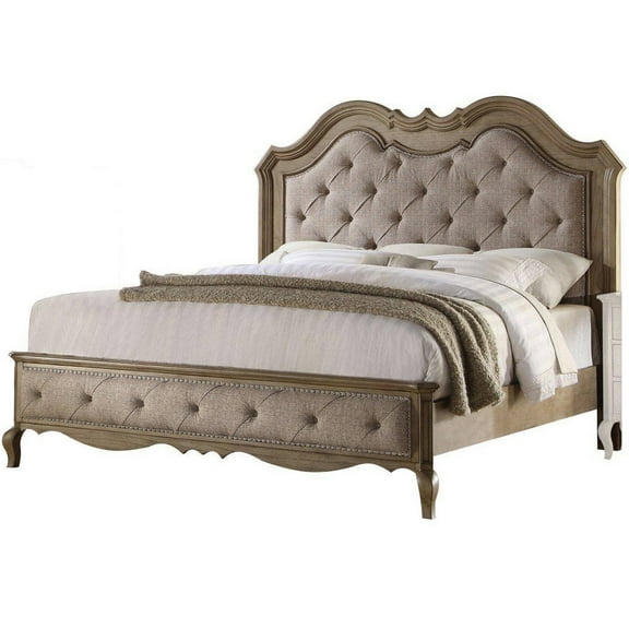 Button Tufted Fabric Eastern King Size Bed with Molded Details, Beige
