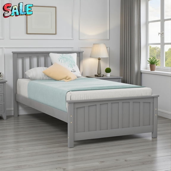 Tcbosik Twin Wood Platform Bed with Headboard & Footboard – No Box Spring Needed, Gray