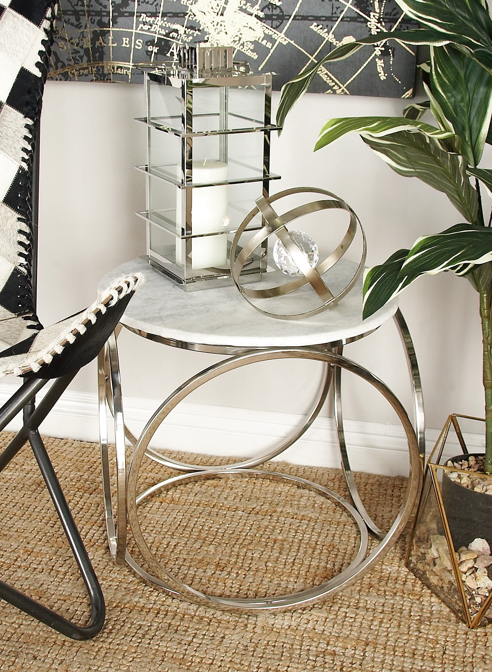 DecMode Modern Marble Accent Tables with Round Steel Frames, Set of 2