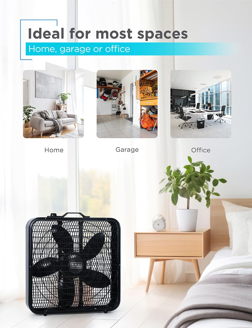 BLACK+DECKER 20" Box Fan with 3 Speed Settings, Powerful 80W Motor, 5-Blade Box Fan with Carry Handle, Rotary Knob, Portable Fan and Cooling Fan for Home, Office, Garage, BFB20SB, Black