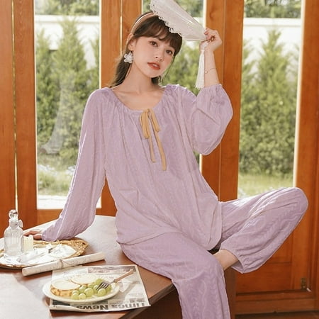 

CoCopeaunt Korean version of spring and autumn pajamas female autumn cotton long-sleeved pants set cartoon cute wind home furnishing casual