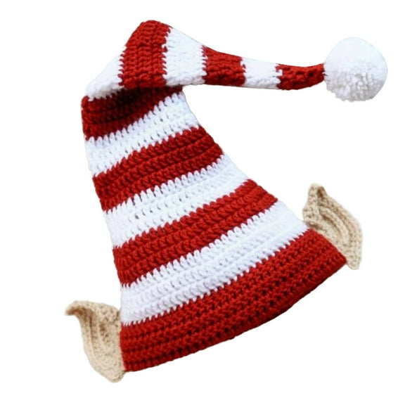 Niusricy Elf Hat with Ears, Cute Red and White Striped Hat Knitted Hat Christmas Halloween Hat for Adults Kids