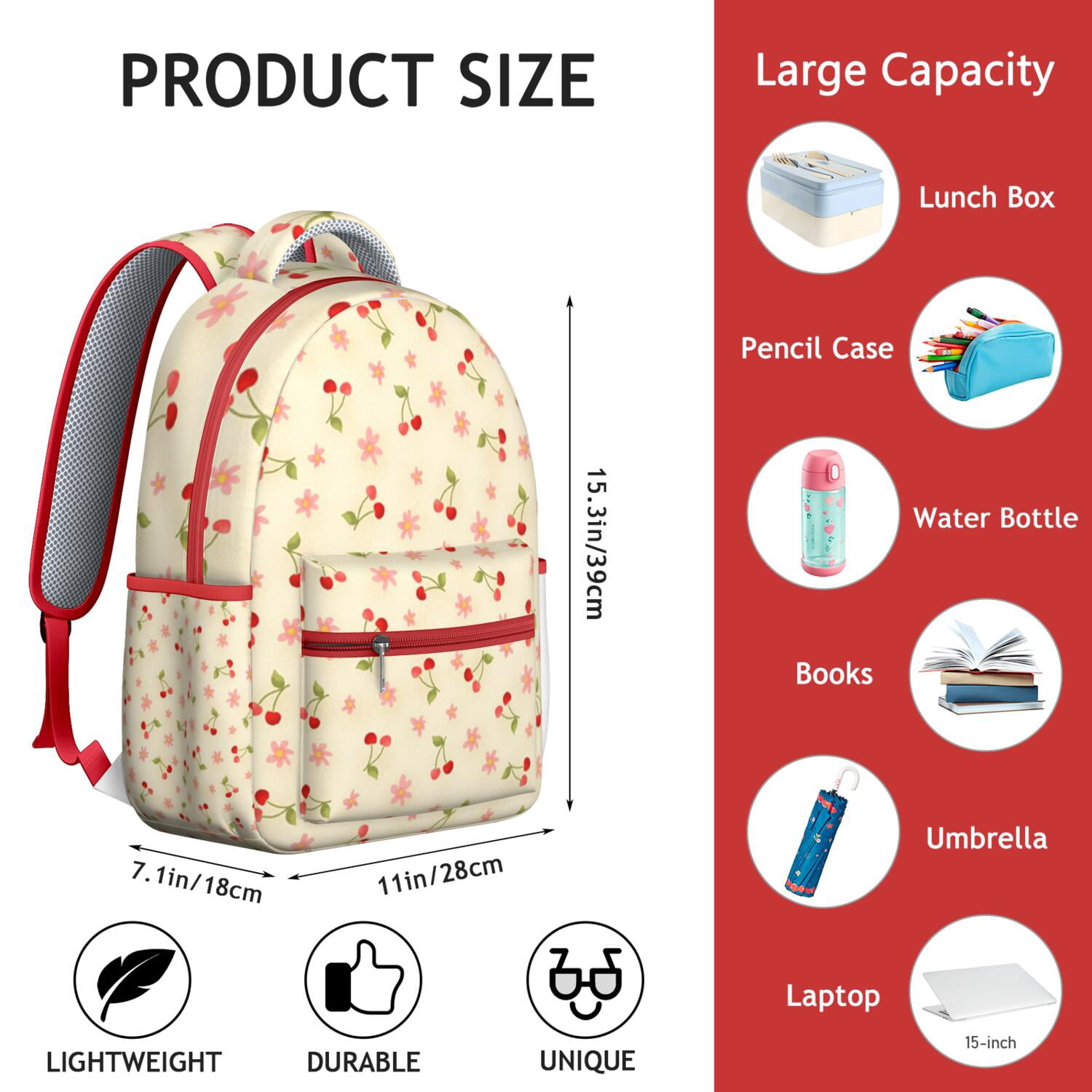 Sweet Cherry Pattern Lightweight Daypack - Waterproof Bookbag with Padded Back & Organized Storage for School, Work, or Daily Use