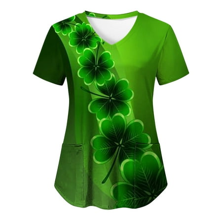 

Women Scrubs Top Nurses Clothing Workwear Working Uniform T-Shirt Top Leaf Printed Short Sleeve Leisure Pocket Loose Caring V-Neck Workwear