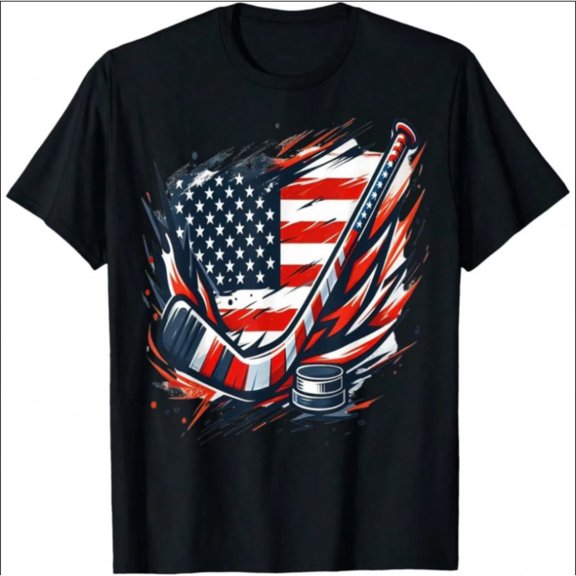 Patriotic Ice Hockey July 4th T- Shirt For Boys, T-Shirt for Kids Youth, 180gsm, 100% Cotton