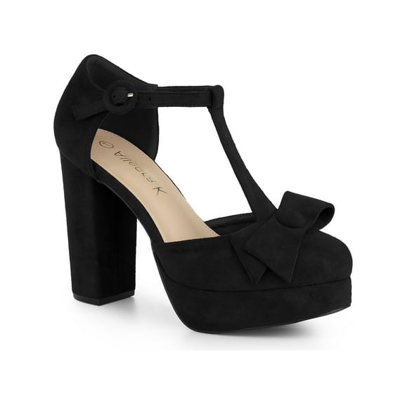 BLISSFUL STEP Women's Shoes Mary Janes Platform Pumps T-Strap Block Heel Round Toe Bow Decor Casual Shoes Black 7