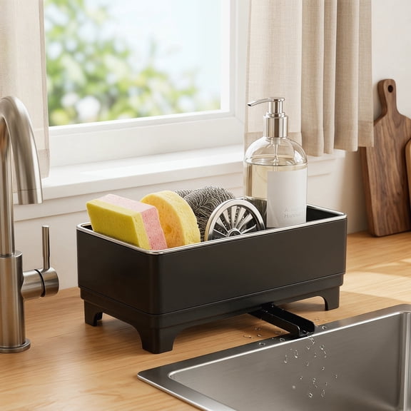 Sponge Holder for Kitchen Sink โ Rustproof Stainless Steel, 360ยฐ Rotating Drain Pipe, Large Counter Organizer with Drip Tray for Sponges, Brushes & Dish Cloths Black