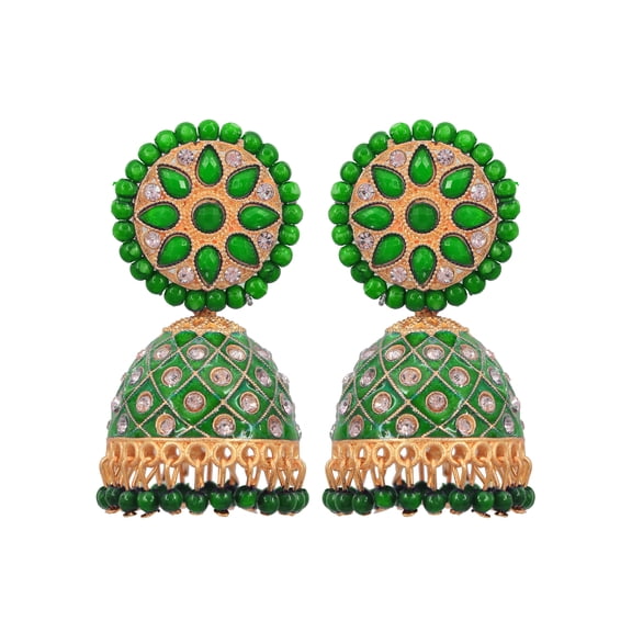 Crunchy Fashion Bollywood Jewellery Traditional Ethnic Bridal Bride Wedding Bridesmaid Gold-Plated Bollywood Indian Traditional Green HandPainted Meenakari Jhumka