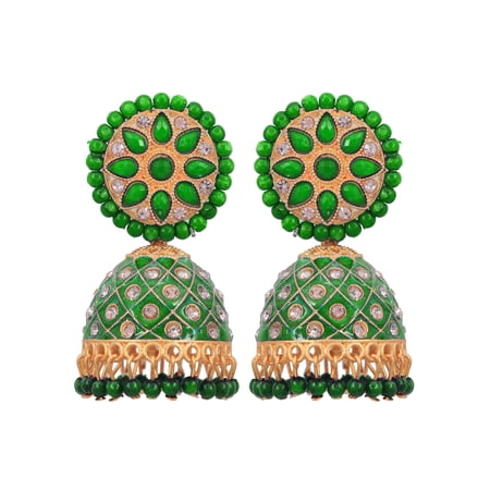 Crunchy Fashion Bollywood Jewellery Traditional Ethnic Bridal Bride Wedding Bridesmaid Gold-Plated Bollywood Indian Traditional Green HandPainted Meenakari Jhumka