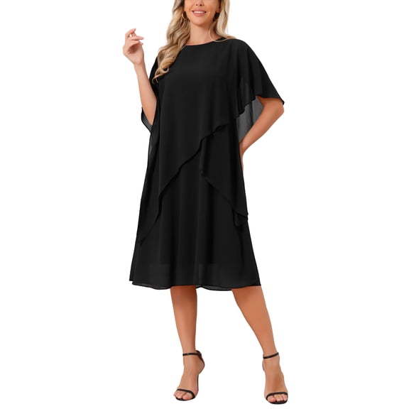 INSPIRE CHIC Women's Fall Dresses Chiffon Cape Overlay Crewneck Asymmetric Ruffle Formal Shift Midi Dress for Wedding Guest S Black