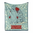 thumbnail image 1 of Snowy Soft Flannel Fleece Blanket, Hello Winter Lettering with a Bear and Scarf Pine Tree Christmas, Cozy Plush for Indoor and Outdoor Use, 50" x 60", Pale Blue Vermilion and Cream, by Ambesonne, 1 of 5