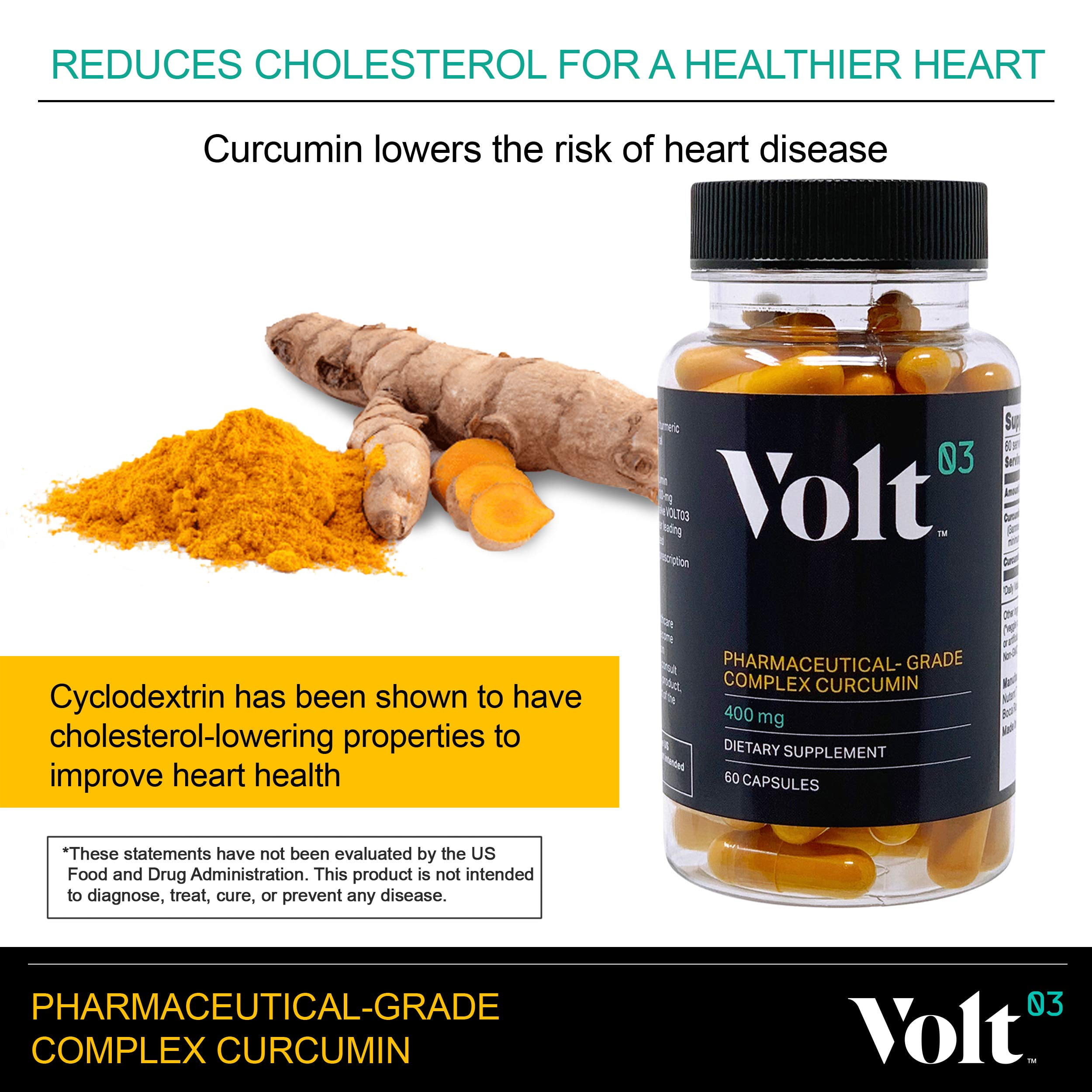 Volt03 Pharmaceutical-Grade Turmeric Curcumin Capsules | Turmeric Capsules and Curcumin Supplements for Immune Support | Natural Joint Support Turmeric Herbal Supplements 400 mg