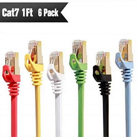 Cat 7 Ethernet Cable 1 ft 6 Pack (Highest Speed Cable) Cat7 Flat Shielded Ethernet Patch Cables - Internet Cable for Modem, Router, LAN, Computer - Compatible with Cat 5e, Cat 6 Network