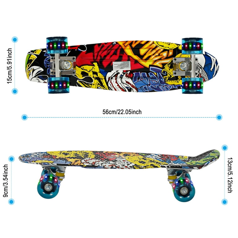 SISIGAD Kids Pro Stunt Mini Skateboard Beginner Children Tricks Plastic Skateboard for kids with LED Light and T Tool Accessory Graffiti